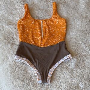 Women's Floral Orange and Brown One-Piece Swimsuit